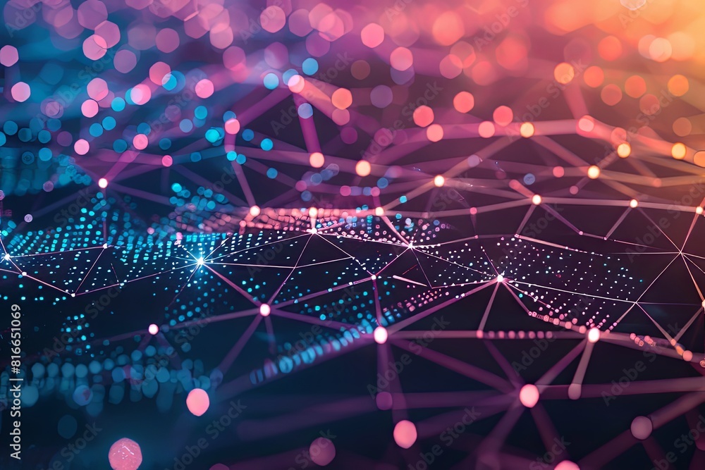 Poster digital illustration of a complex network formed by interconnected dots and lines, creating a web-li