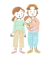 パパが赤ちゃん（男の子）を抱っこしている3人家族の手描きイラスト