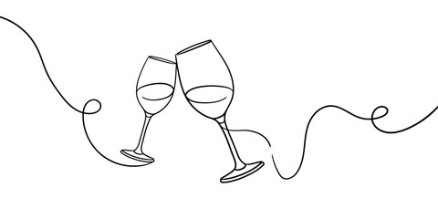 Continuous line champagne cheers one line art, continuous drawing contour. Hands toasting with wine glasses with drinks. Cheers toast festive decoration for holidays. Vector illustration  © DOROTHEA
