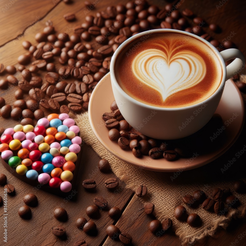 Poster a warm and inviting photo featuring a cup of coffee with heart-shaped foam alongside a heart of colo