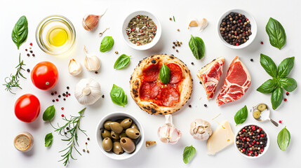 Ingredients for preparing pizza on white background