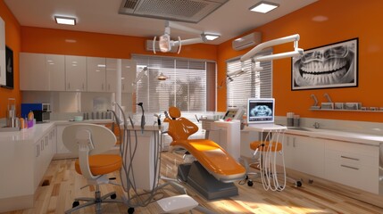 Atmosphere inside the dental clinic with modern dentist chairs