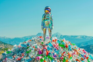 The dynamic pride month LGBTQ+ mountain covered trillion of properly shaped transparent plastic water bottles by woman in a rainbow spacesuit.