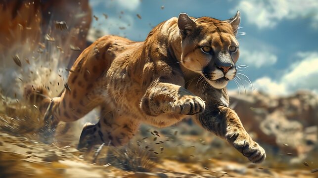 Puma Leaping in Dynamic Scene of Wilderness and Power