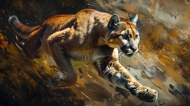 Sleek and Powerful Puma in Dynamic Pose Against Vibrant Painted Backdrop