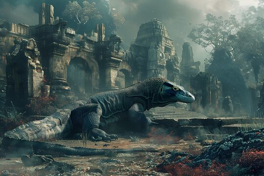 Mythical Komodo Dragon in Surreal Ancient Ruins Landscape with Ethereal Lighting