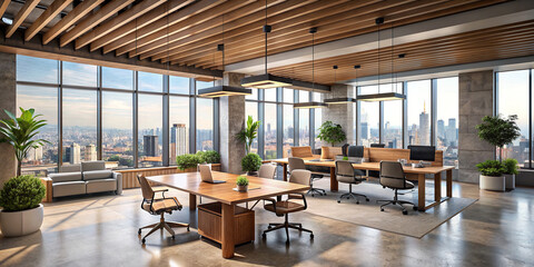 Minimalist coworking office interior design with wooden furniture and a concrete ceiling, showcasing a panoramic city view through floor-to-ceiling windows.