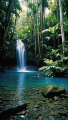 Verdant Rainforest Retreat: Pristine Waterfall Oasis