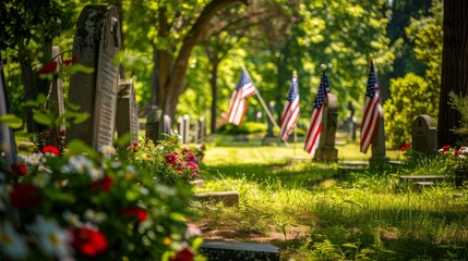 Memorial Day remembrance with flags and tombstones.