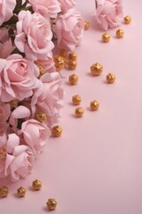 Elegant Pink Roses with Golden Decor on Pastel Background