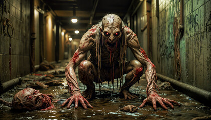 Obraz premium Creepy Human Mutant Monster with Sharp Teeth in a Morbid Sewer Catacombs Tunnel.