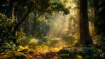 Obraz premium Beautiful deciduous forest with penetrating sun rays.