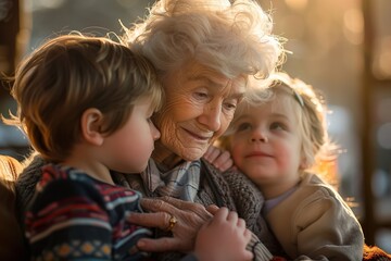A grandmother embraces two children lovingly while sitting on a couch in a cozy setting