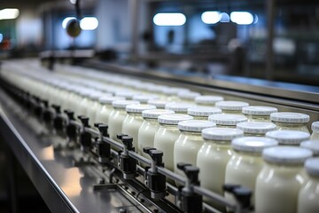 bottling milk production line in a factory