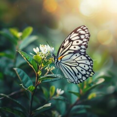 Obraz premium Beautiful Butterfly on Blurred Background, Rice Paper Butterfly Banner with Copy Space, Meadow Butterfly
