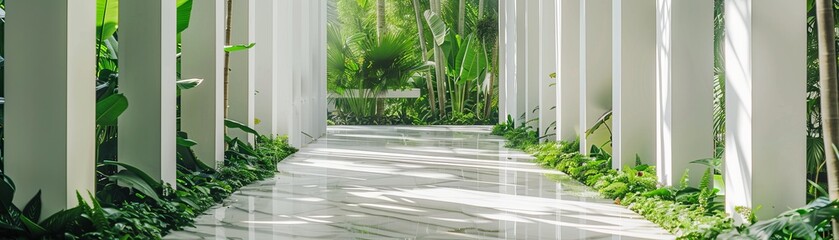 A long hallway with white marble floors and large potted plants on either side.