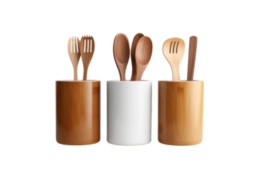 Rustic Elegance: A Symphony of Wooden Utensils in a Cup on White or PNG Transparent Background.