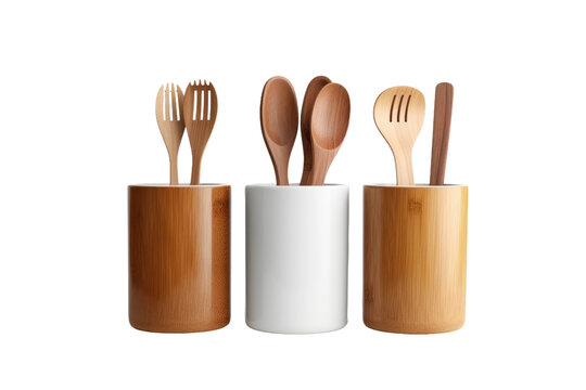 Rustic Elegance: A Symphony of Wooden Utensils in a Cup on White or PNG Transparent Background.