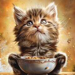Cat asks for food, eats dry food, kitten with bowl portrait, feed time, unhappy cat has monotonous