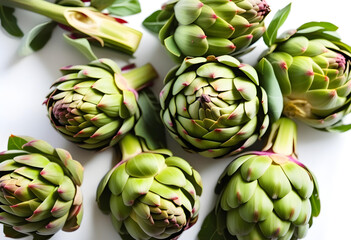 Obraz premium A top-down view of fresh artichokes on a white background