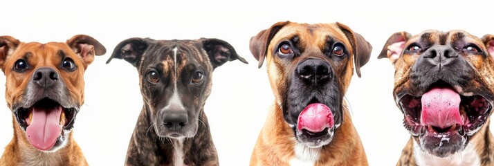 Hungry dogs group isolated, pets licking its lips with tongue out, waiting for eat, begging food on white