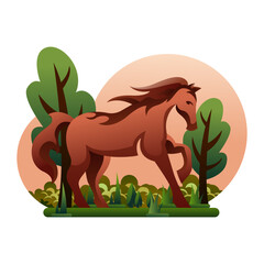 FLAT DESIGN 53 VECTOR ILLUSTRATION OF WILD HORSE WITH NATURE BACKGROUND
