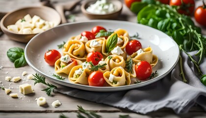 Filled tortellini with herbs, tomatoes, fresh cheese, food photography, product photo
