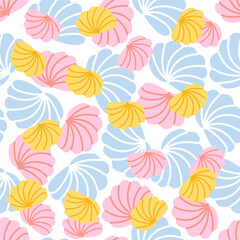 Bright summer vector seamless pattern with pink, blue and yellow hand-drawn shells on a white background. Marine motifs for your design