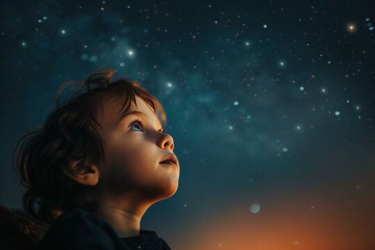 Young child looks up in awe at a vast, starfilled night sky, embracing the beauty of the universe