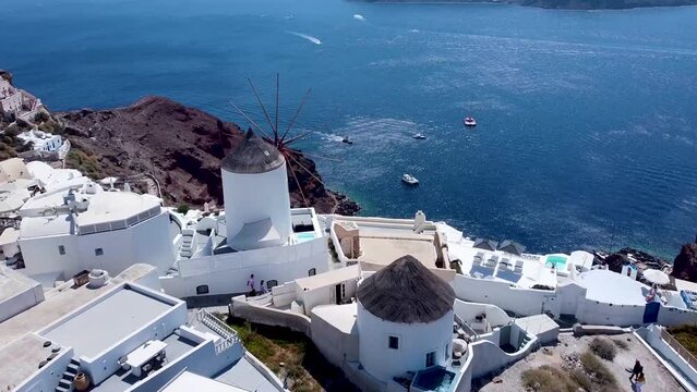 Aerial Point of Interest Shot of Windmill Oia Santorini Island Greece, 4k Footage