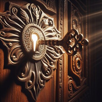 A vintage key enters an intricate keyhole, creating a sense of unlocking history or a secret on an ornate wooden door.. AI Generation