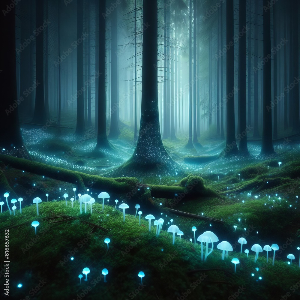 Poster a serene and magical forest scene featuring bioluminescent mushrooms under the soft light filtering 