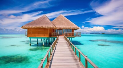 a beautiful beach in the Maldives with crystal clear water and white sand. There are twoMao Cao Wu on the beach.