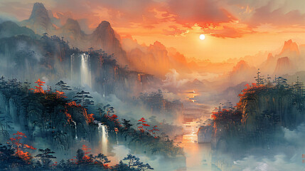 Ink style artistic conception landscape painting, Chinese style freehand artistic conception landscape painting background