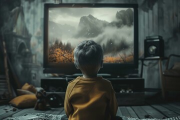 Back view of a young boy engaged in watching a captivating adventure movie on television in a cozy room