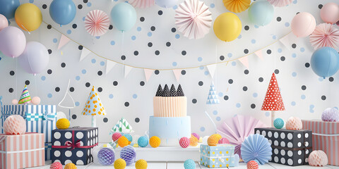Birthday tablescape or candy bar with sweets Birthday cake and cupcakes beautiful party celebration, Party atmosphere with a focus on pastel balloons and baby-themed decorations