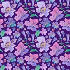Seamless pattern of hand drawn watercolor flowers floral lilac plants, leaves. Herb flower. Drawing summer Botanical greenery illustration on purple background. For fabric, wallpaper, wrapping textile