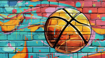Pop art comic street graffiti with basketball on brick wall. Retro poster concept. Basketball...