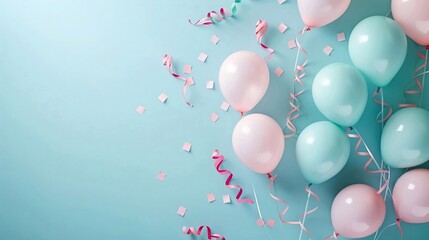 Light blue background with pink, green, and purple balloons. A cluster of festive pastel-colored balloons on a soft backdrop. Wide-angle celebratory web banner with space for birthday text.