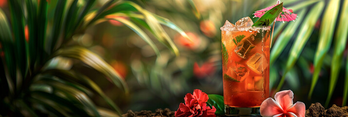 Famous Hawaiian Mai Tai alcoholic cocktail with syrup, lime juice, mint and crushed ice, on a background of exotic leaves and flowers. Celebrating National Hawaii Day.