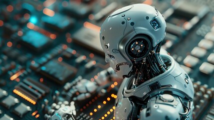 Fototapeta premium Robotic processing unit side view close up of a robot on a chip functioning as a central processing unit for enhanced computing capabilities cybernetic 