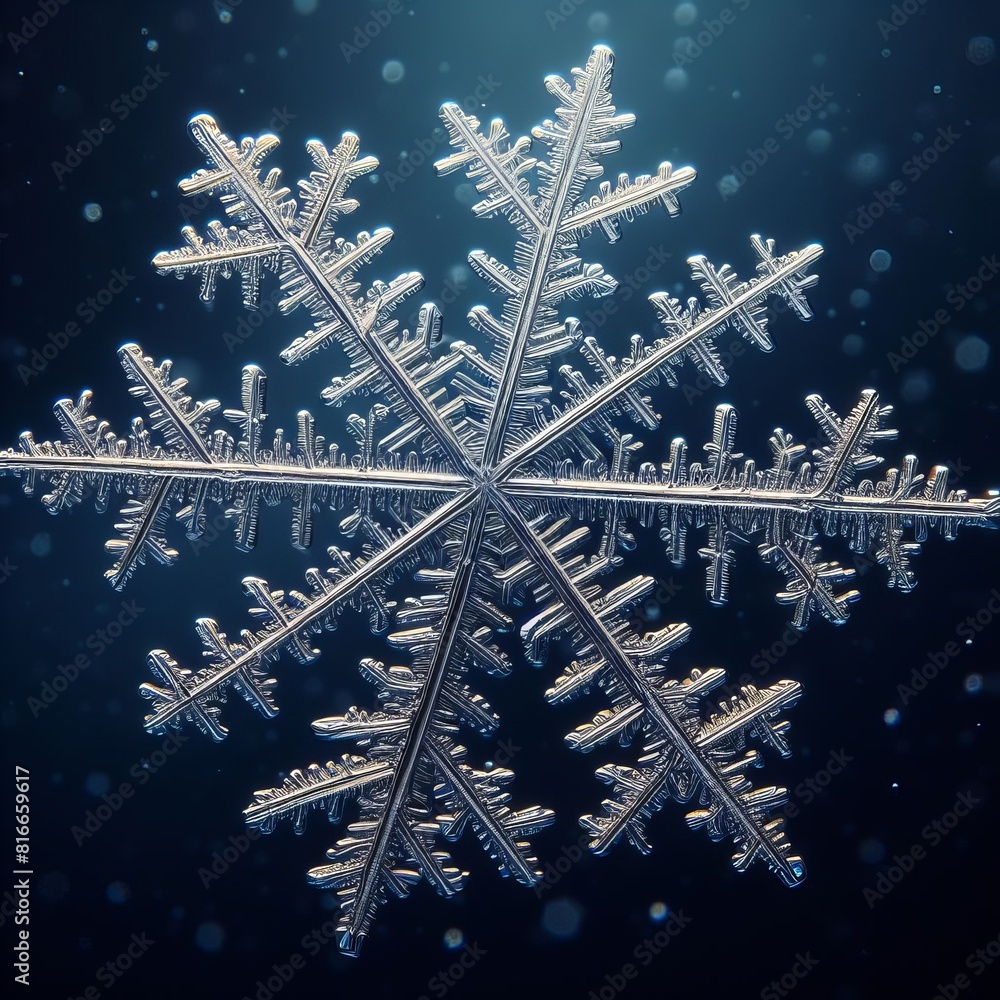 Poster a macro shot of a single snowflake crystal, showcasing intricate patterns and symmetry against a dar