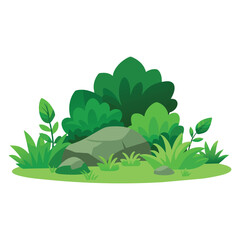 Green shrub plants gardening design position with rock on lush green grass cut out, flat vector illustration.