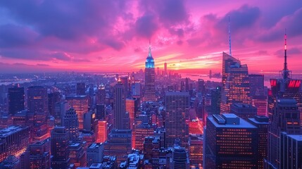 A city skyline with a pink and purple sky in the background