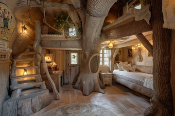 Cozy and whimsical treehouse bedroom with rustic wood details and warm lighting