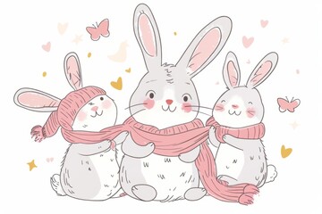 Obraz premium Cartoon cute doodles of a sweet grandma rabbit knitting a cozy scarf for her bunny grandchildren, Generative AI