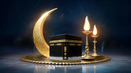 Unveiling the symbols of Eid al Adha, star and crescent, Kaaba, and oil lamps mockup template