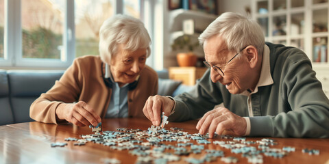 Senior couple playing puzzles in a retirement home. Elderly friends assembling jigsaw puzzle pieces in a nursing home. Housing facility intended for the elderly people.