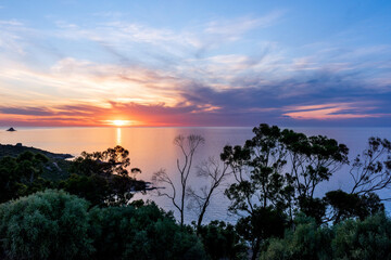 Tranquil scene overlooks the Corsican coast at sunset. Trees in shadow foreground, golden hues pierce cloudy blue sky, reflecting in calm sea.