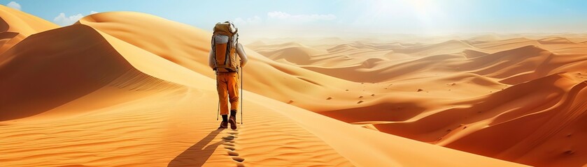 Lone traveler with a large backpack trekking across vast desert dunes under a scorching sun, vivid style